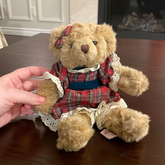 Vintage Russ Berrie, Beverly the Tan Bear From The Past Plush 10” Plaid Dress - Picture 1 of 8